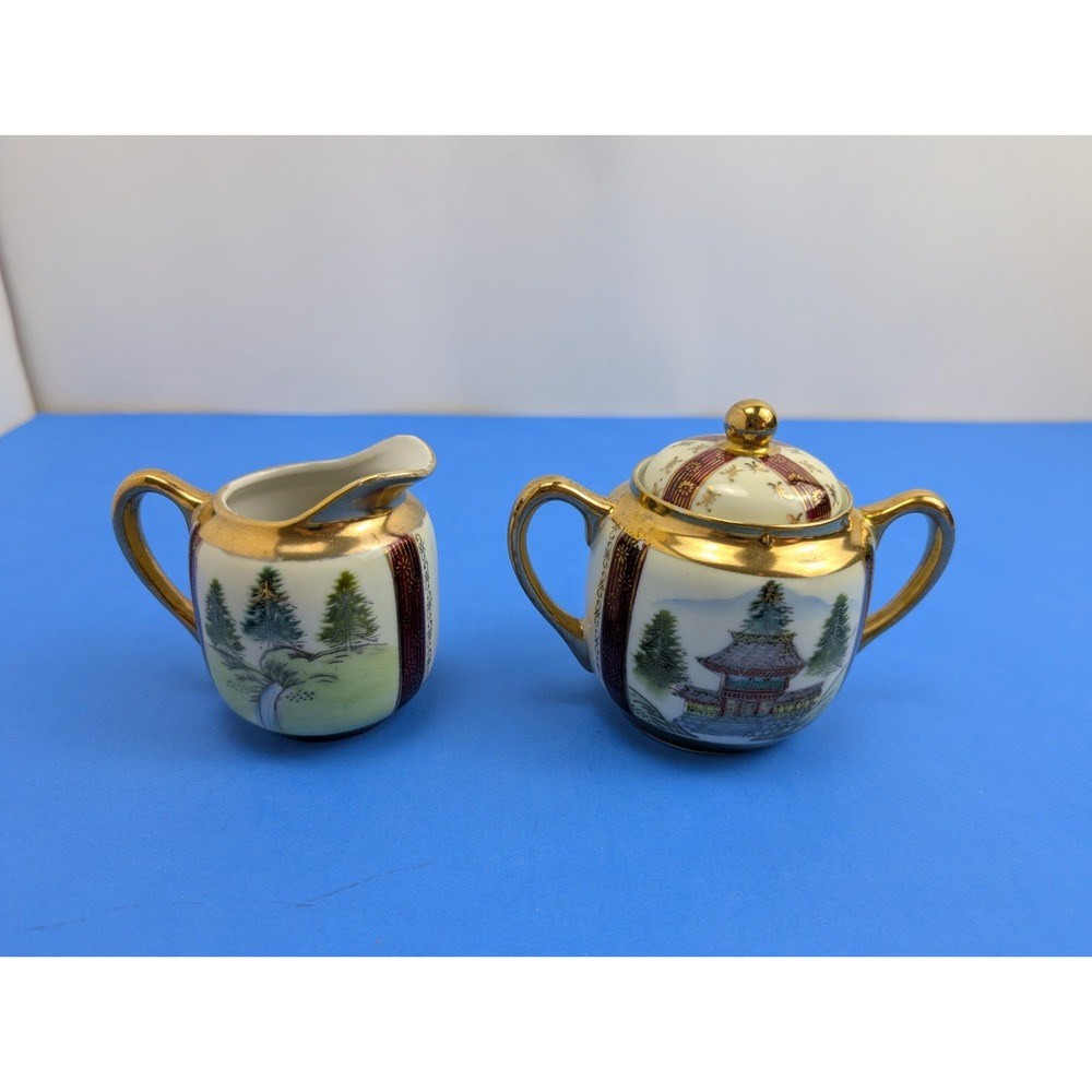 Handpainted Alpine Villa Vintage Oriental Chinese China Sugar and Creamer Set